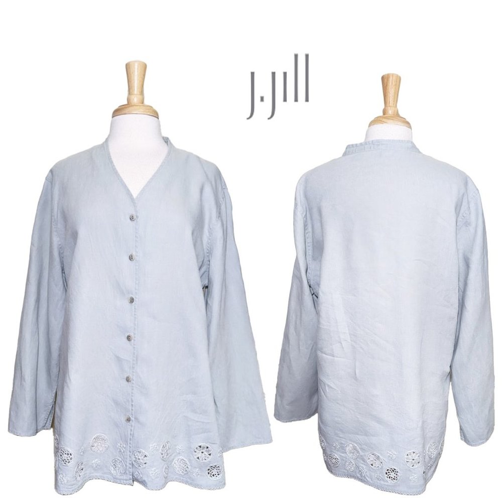 J. JILL Linen Button Up Artist's Smock/Shirt with Crochet Inserts & Embroidery